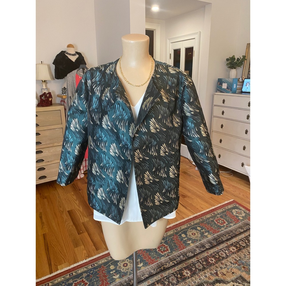 Anne Klein Womens Metallic Jacquard Open Front Blazer Teal Gold Abstract Size 14